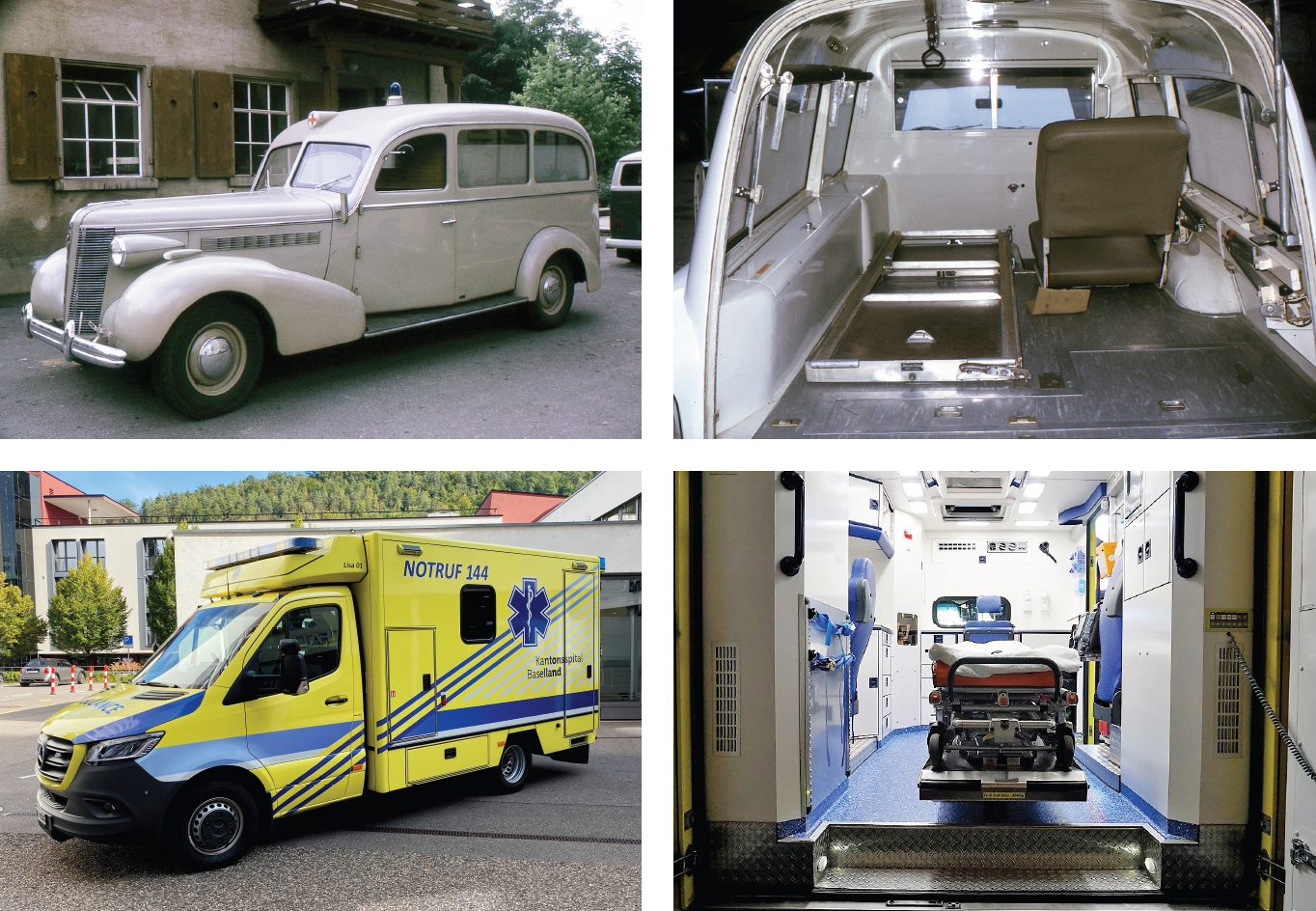Krankenwagen des KSBL in den 1940er und 2020er Jahren